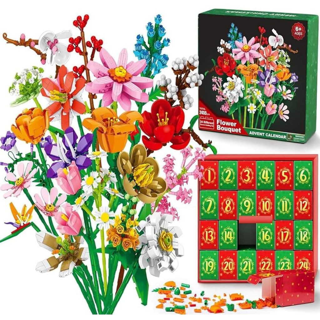 A collection of building block flowers and an advent calendar.