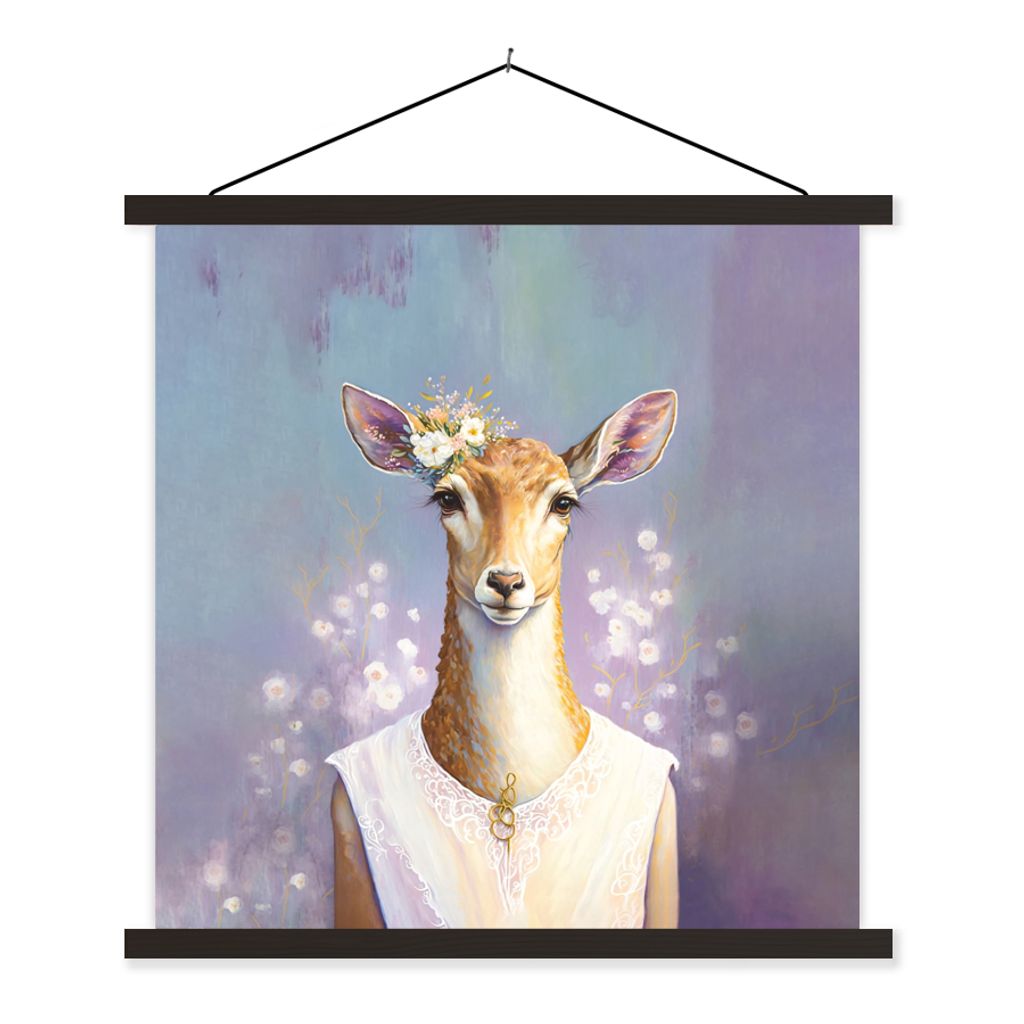 MuchoWow Textilposter Hirsche - Blumen - Gemälde - Porträt - Tiere 90x90 cm mit schwarzem Rahmen - Magnetisches