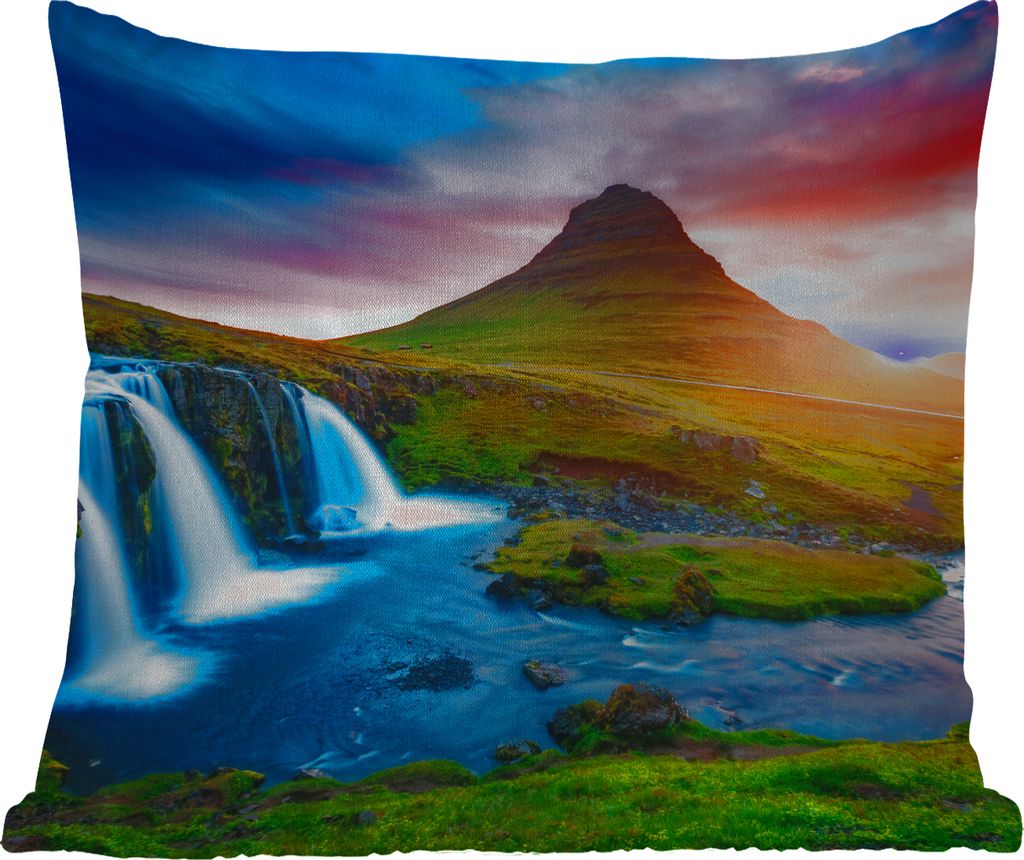 MuchoWow Outdoor Kissen - Wasserfall - Berg - Moos - Sonnenuntergang - Natur - 45x45 cm - Wetterfest - Lounge Kissen - Fotokissen - Dekoratives K...