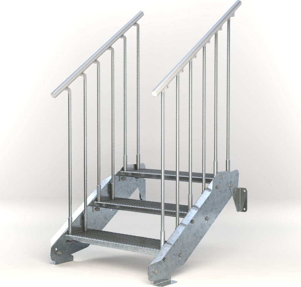 Stahltreppe 3 Stufen bis Höhe 64 cm, Laufbreite : 80 cm beidseitiges Geländer ST 1 (31 / 31 mm)