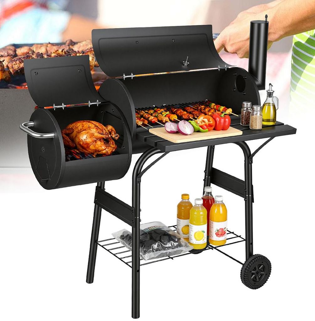 Izrielar Holzkohlegrill, Schwarz Grillstation auf Rollen mit 2 Kammern, Grillwagen Outdoor Kohlegrill mit 2 Rädern und Temperaturanzeige