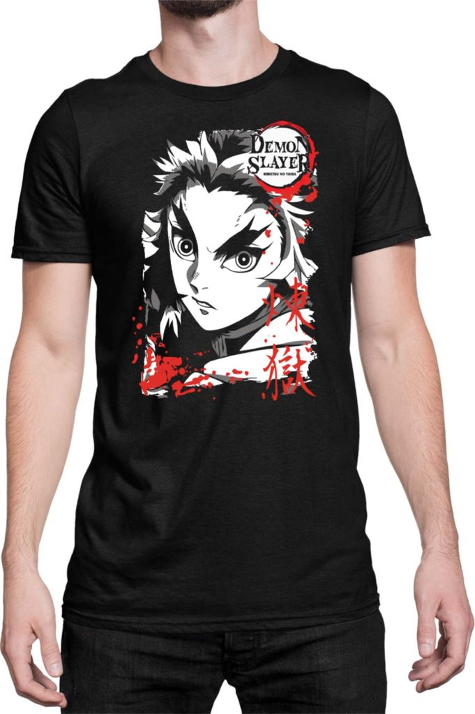 Herren T-Shirt Demon Anime Slayer Kimetsu No Yaiba Kyoujuro Rengoku 005, Man 3XL / Schwarz