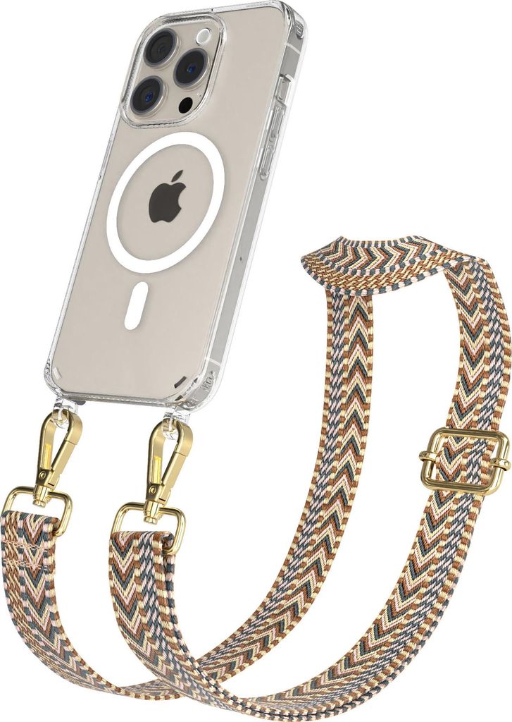 EAZY CASE - Handykette mit MagSafe Hülle für Apple iPhone 15 Pro, Handyband ZigZag Style,Karabiner Gold, Umhängeband in Braun