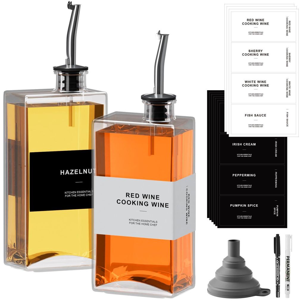 Ölflasche Eckig Set,Essig und Ölflaschen Set,2er Olivenöl Flasche 500ml/16,9 oz, Ölspender mit Ausgießer,Kaffee Sirup Spender Glas Set mit Auf...