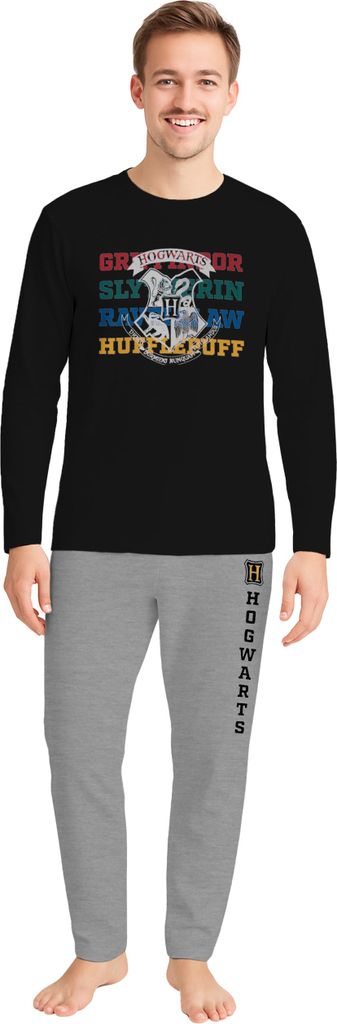 Harry Potter Schlafanzug für Herren - Hogwarts Pyjama Set Langarm Oberteil mit Hose Grau/Schwarz L