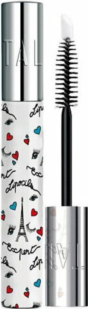 A product shot of a mascara tube with its applicator wand extended.