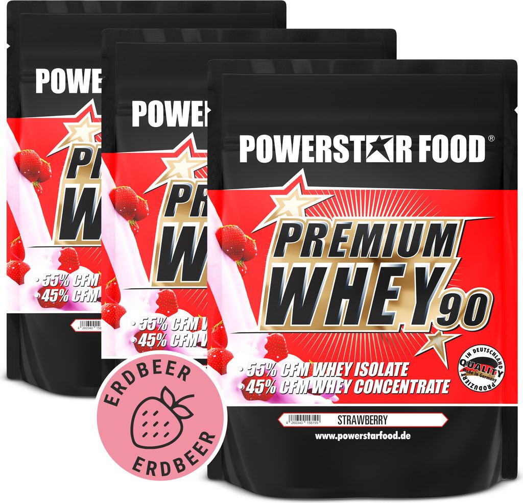 Powerstar PREMIUM WHEY 90 | 90% Protein i.Tr. | Whey-Protein-Pulver 3x850 g | 55% CFM Whey Isolat & 45% CFM Konzentrat | Eiweiß-Pulver Strawberry