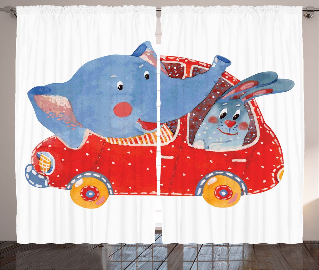 ABAKUHAUS Elefant Rustikaler Vorhang, Lustiges Tier in einem Auto, Wohnzimmer Universalband Gardinen mit Schlaufen und Haken, 280 x 225 cm, Blaues ...