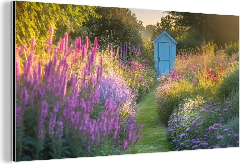 MuchoWow Wanddekoration Metall Metallbild Wandkunst 40x20 cm Gartenhaus - Blau - Blumen MuchoWow Aluminium Gemälde - Bild - Aluminium