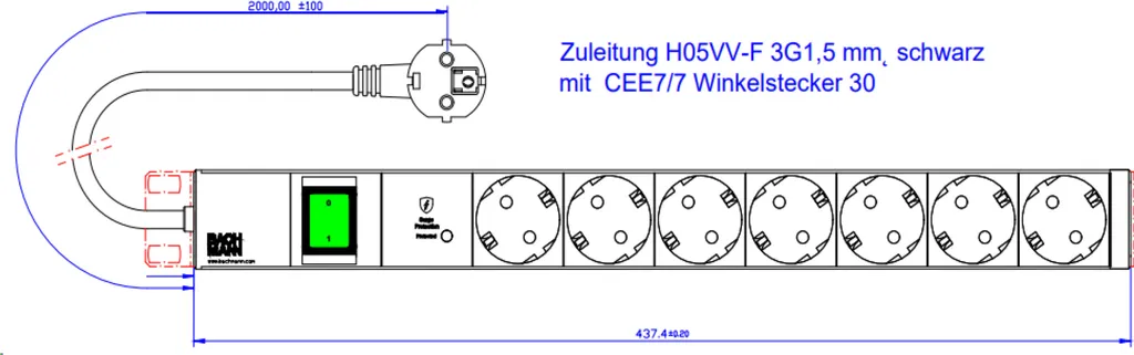 Multiprise BACHMANN 19 Pouces 1HE 7xCEE7/3 avec SPD-Plus et Interrupteur - 2