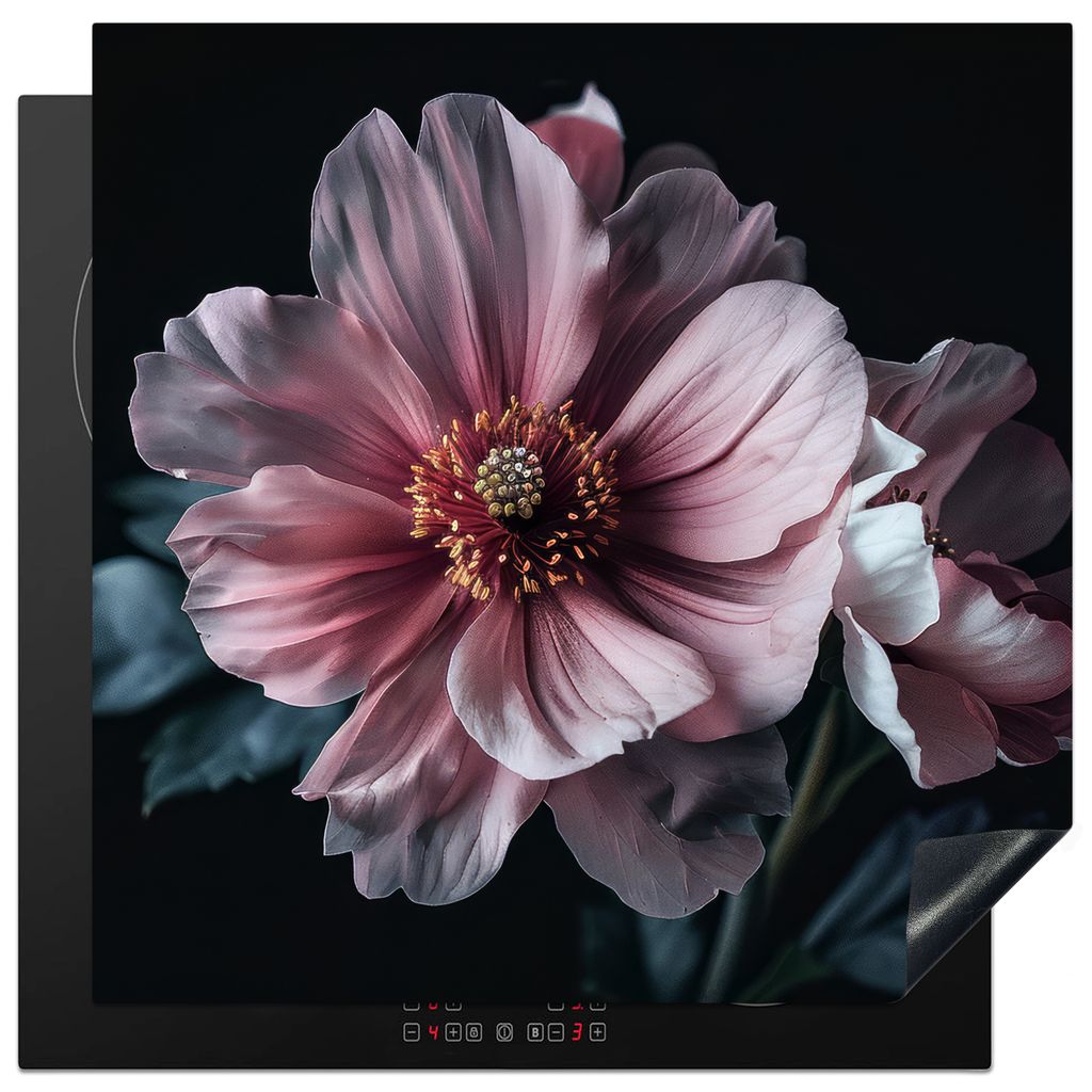 KitchenYeah Herdabdeckplatte Blume - Rosa - Botanisch - Schwarz - Stillleben - Natur , 78x78cm, Küche Deko, Glaskeramikkochfeld Herdabdeckung, A...