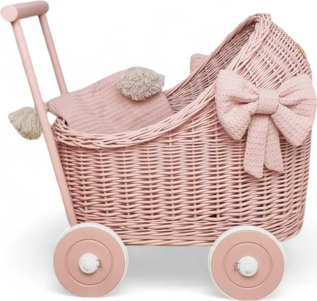Poussette poupée osier rose avec draps et châssis assorti 48x30x45cm