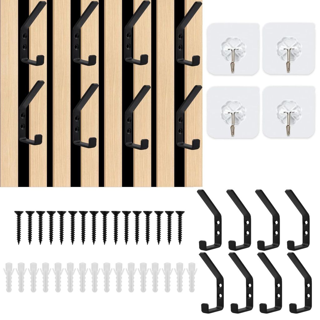8 Akustikpaneel-Wandpaneel-Garderobenhaken mit 4 Haken, selbstklebend, 12,6 mm Doppelgarderobenhaken für Akustikpaneele, Wandpaneele und Kleidersc...