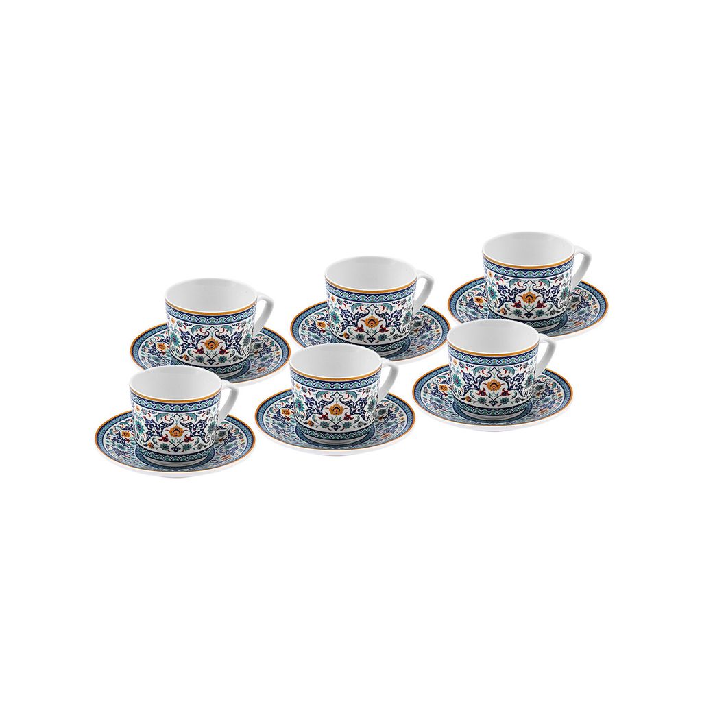 A set of six coffee cups and saucers with a decorative pattern.