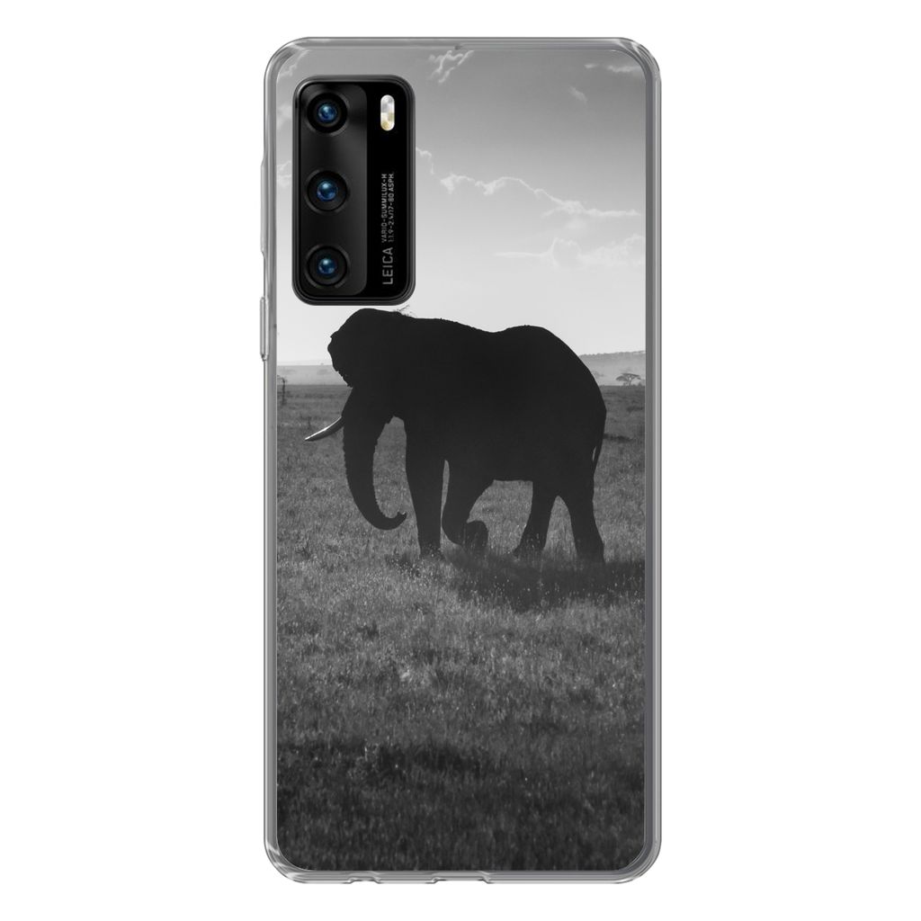 MuchoWow Handyhülle Schutzhülle Hülle für Huawei P40 Elefant - Einfarbig - Tiere - Schwarz und weiß Silikon Softcase Handy Hülle - Handytasche