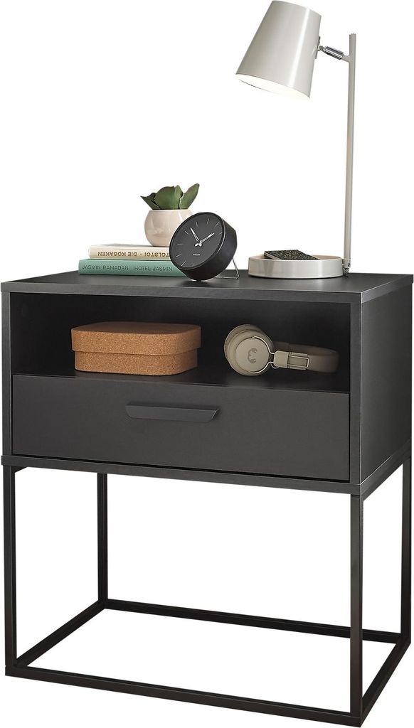 Nachtkommode >CUDRO< 1 Schublade, 1 Fach, Graphit / schwarz - 60x65x38,5cm (BxHxT)