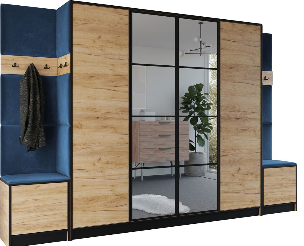 KIER FURNITURE Kleiderschrank EDEN, Schlafzimmer Schrank, Garderobeschrank, Flurschrank Craft Eiche & Blau 312,8x205x39 cm