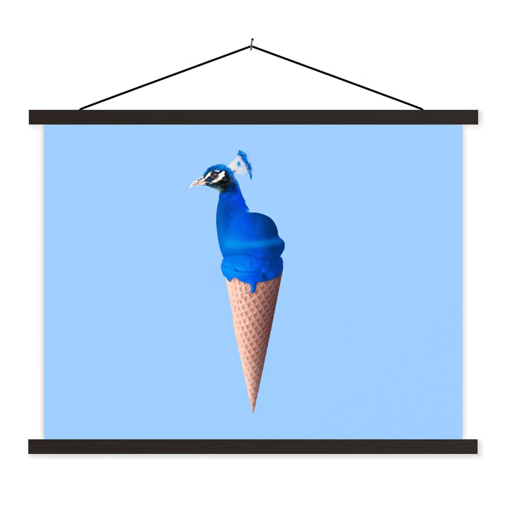 MuchoWow Textilposter Pfau - Eistüte - Eiscreme - Blau - Vogel 150x113 cm mit schwarzem Rahmen - Wohnzimmer