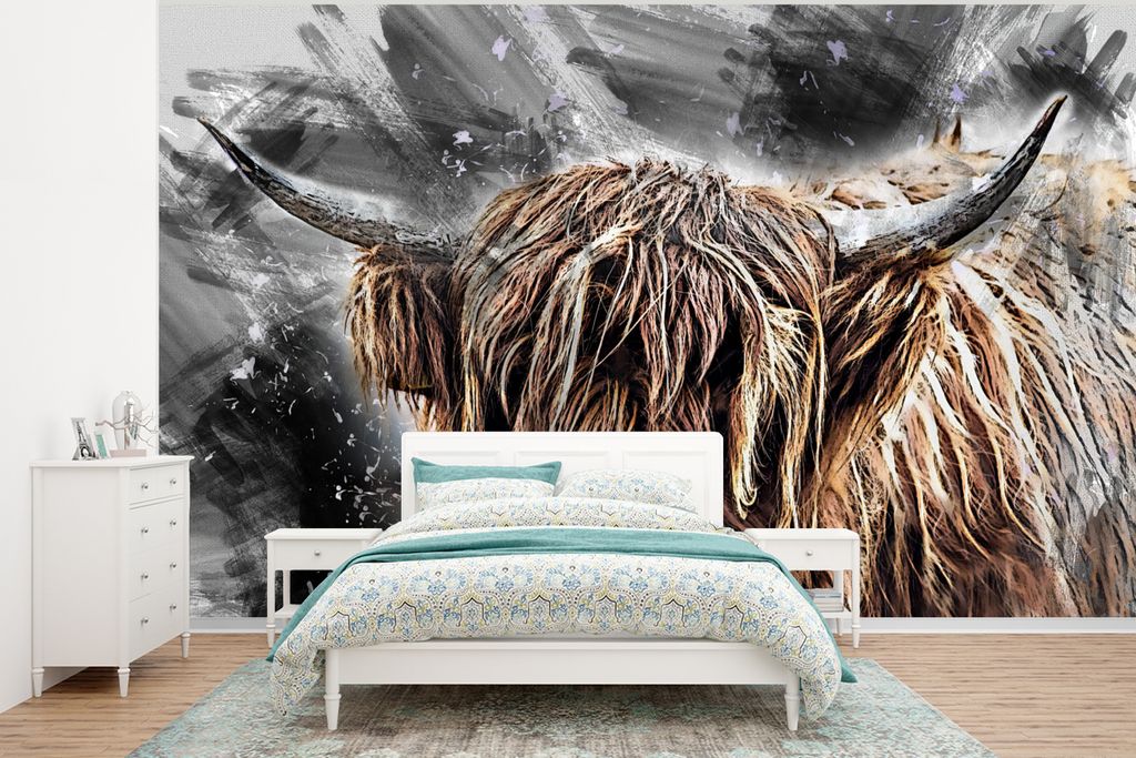 MuchoWow Fototapete für Wohnzimmer oder Schlafzimmer Wandtapete Vinyl Motivtapete Schottischer Highlander - Tiere - Farbe - 350x260 cm - Wohnzim...