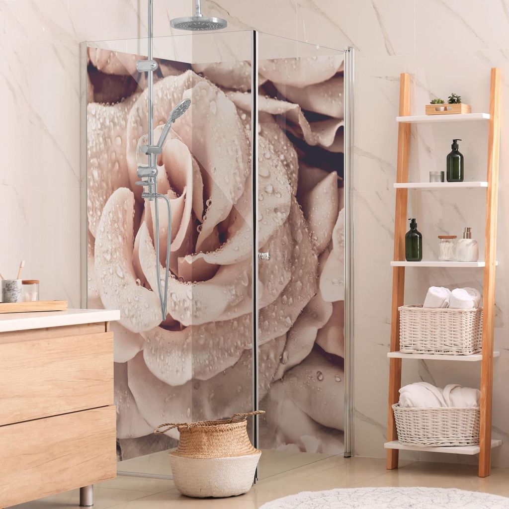 Duschrückwand Blumen selbstklebend - 0.35 mm Wandpaneel wasserfest Rose beige Landhaus Badrückwand fugenlos Smart matt 110x210 cm