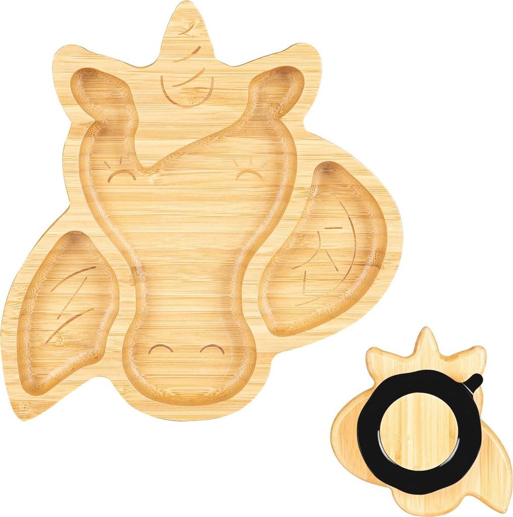 Tiny Dining Kinder Bambus Einhorn Platte mit Saugnapf - Segmented Entwurf, umweltfreundlich - 23cm - Schwarz