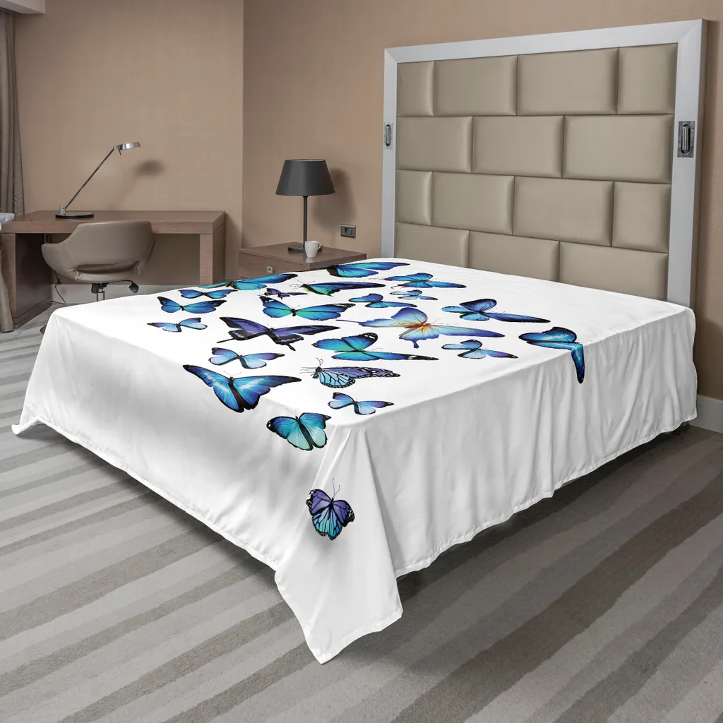 Drap Plat Anti-Plis Motif Papillon Bleu Ciel pour Grand Lit 260 cm