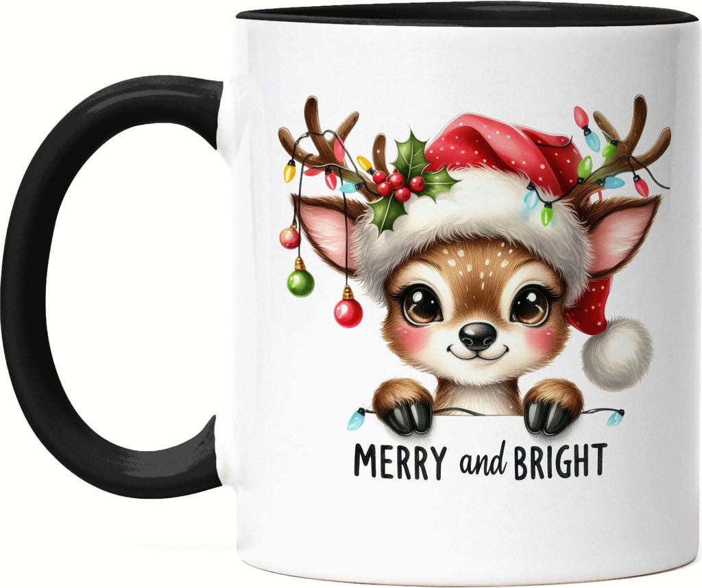Merry and Bright Lustiges Rentiermotiv Tasse Schwarz Geschenkidee witziges Design Weihnachten