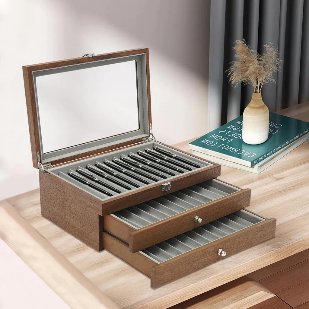 Scatola per matite - Contenitore ed espositore a 3 livelli - 34 scomparti - Coperchio in vetro - Fodera in velluto - 31×20×12,5 cm - colore noce - 2