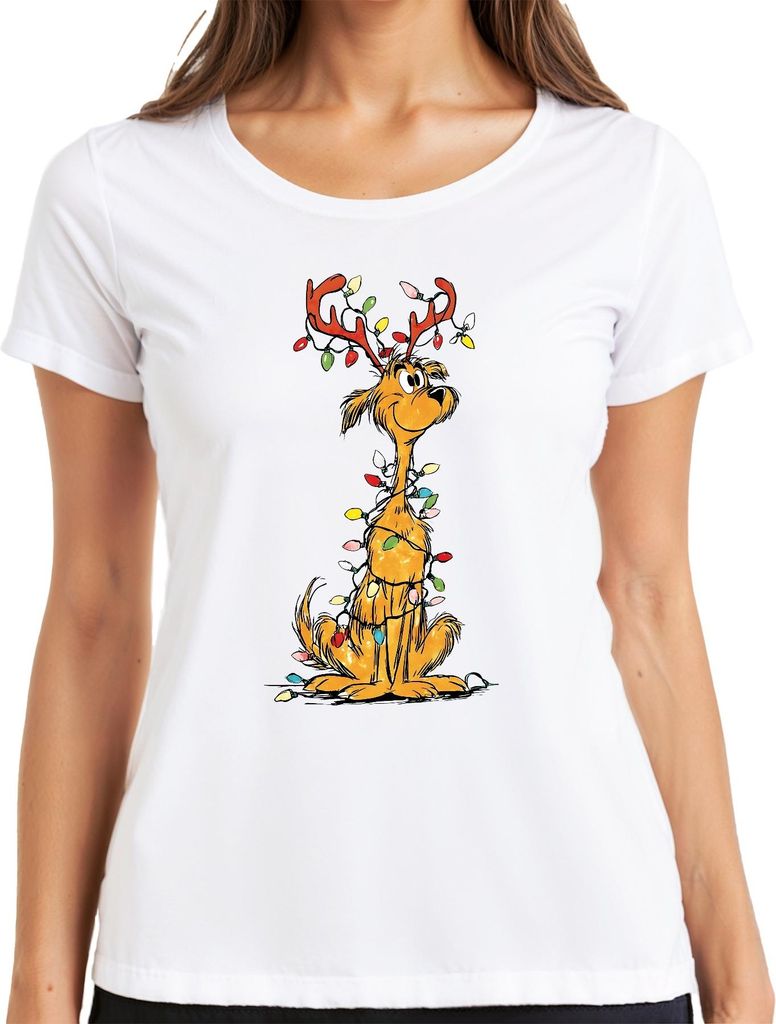 Weihnachtshund Rentier Lichterkette Lustig Geschenk Familie Retro Damen T-Shirt, Weiß, XL