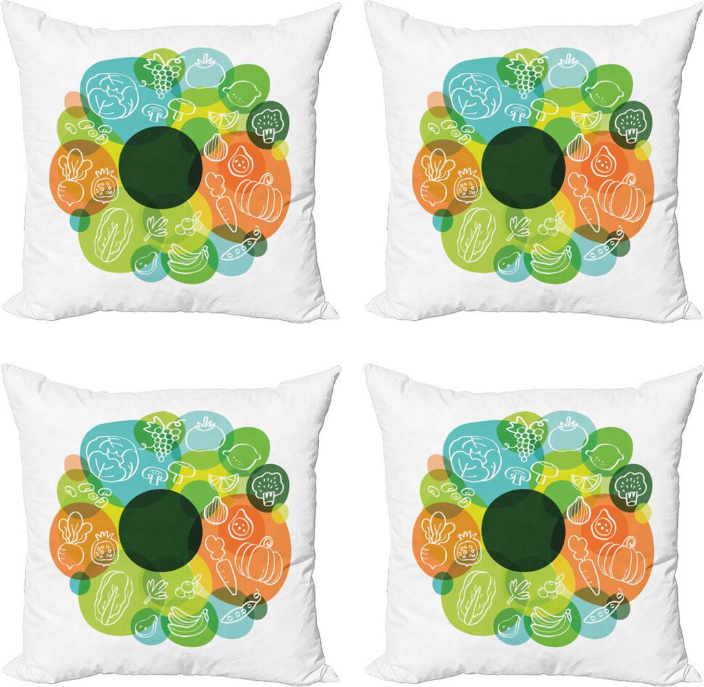 ABAKUHAUS Gemüse Kissenbezug Set (4 Stück), Doodle Vegan-Muster, Moderner Doppelseitiger Digitaldruck, 45 cm x 45 cm, Mehrfarbig