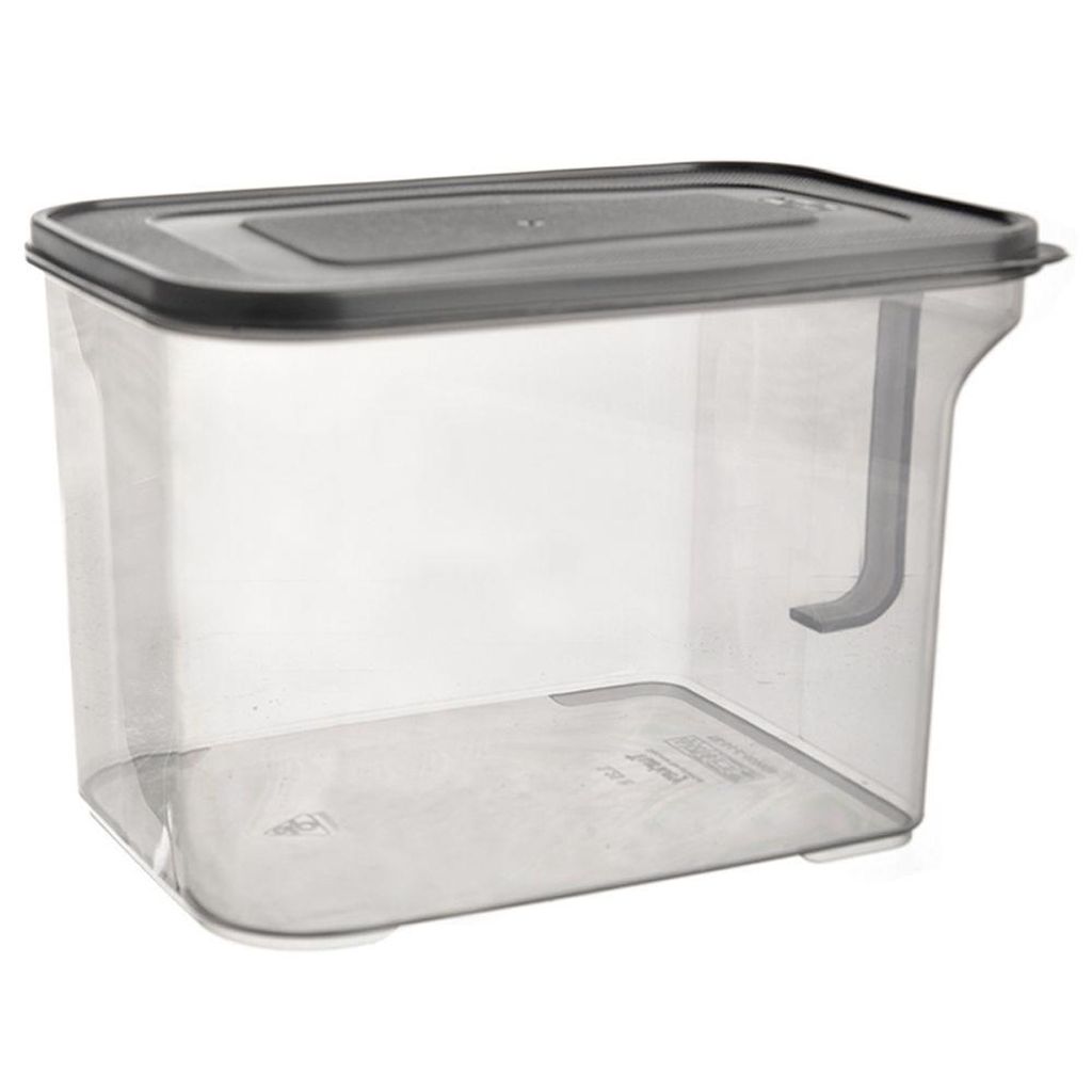 A clear, studio shot of a transparent food storage container with a gray lid and handle.