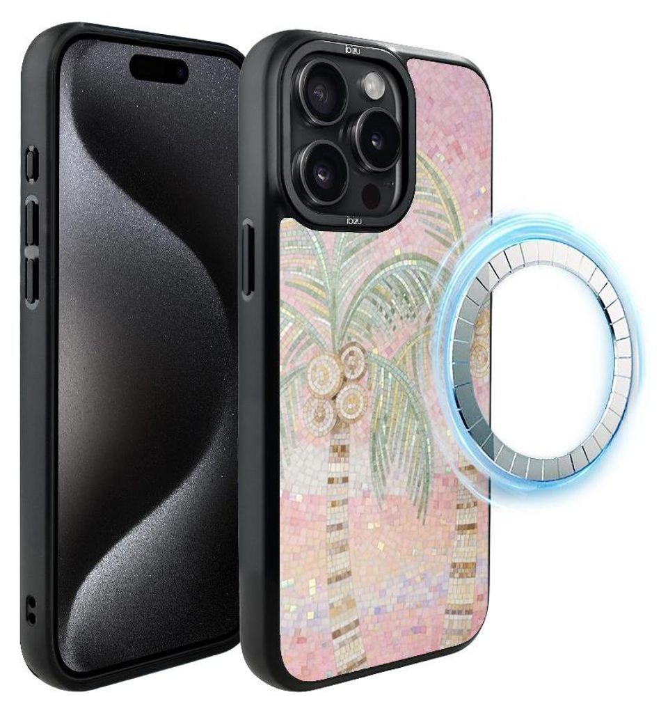 Schutzhülle für das iPhone 15 Pro Max, MagSafe-kompatibel, mattschwarze Seiten, Palmen, Pastelltöne, Mosaik