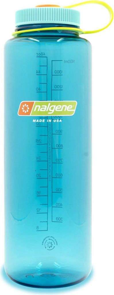 A blue Nalgene water bottle with measurement markings and a Nalgene logo.