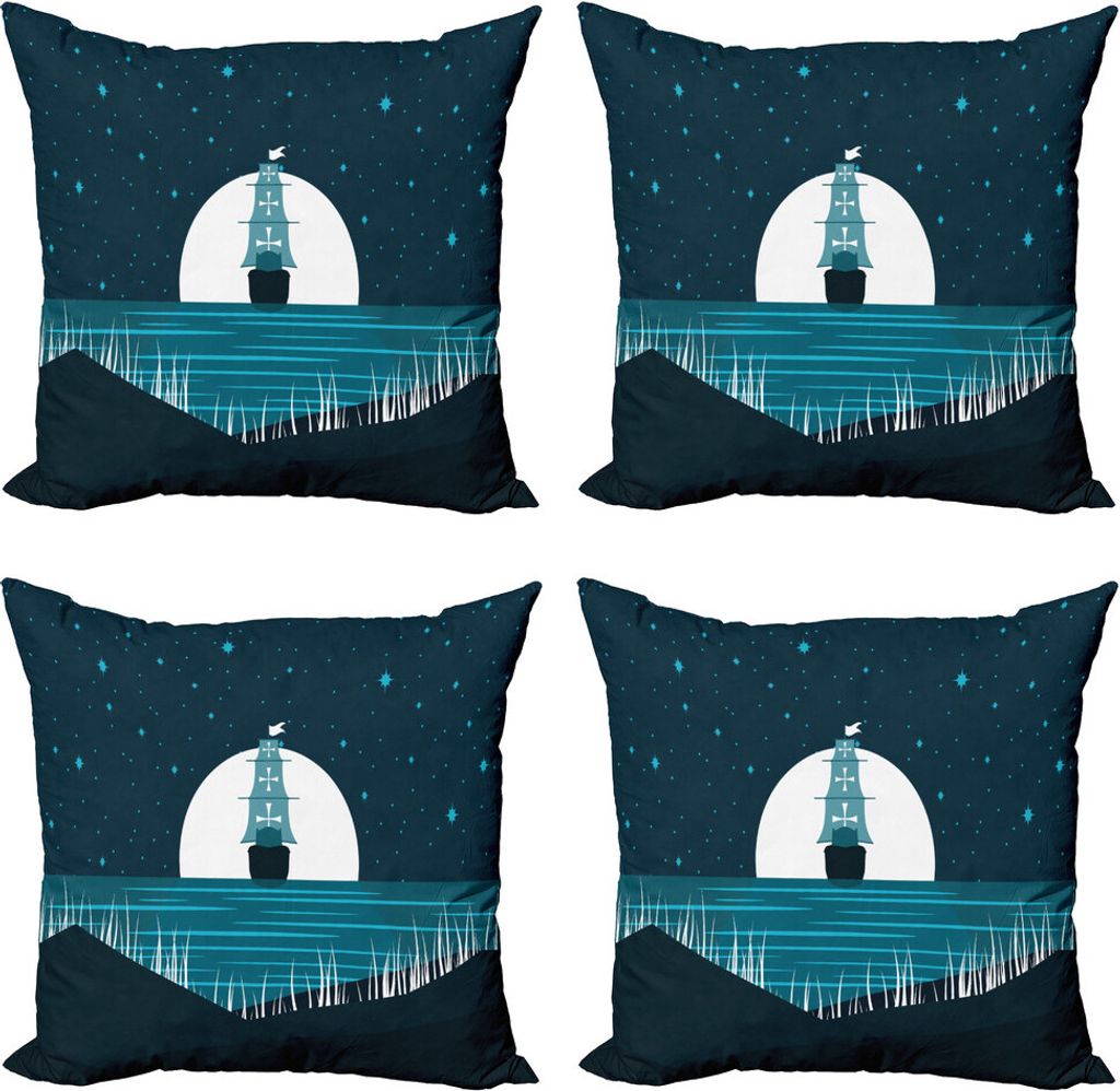 ABAKUHAUS Nachtozean Kissenbezug Set (4 Stück), Mondschein auf Wasser Schiff, Moderner Doppelseitiger Digitaldruck, 40 cm x 40 cm, Petrol Blau Dun...