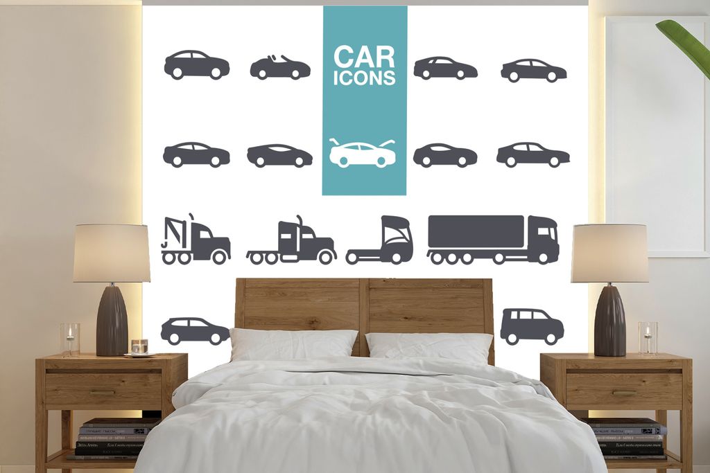 MuchoWow Fototapete für Wohnzimmer oder Schlafzimmer Wandtapete Vinyl Motivtapete Illustrationen amerikanischer Autos in Grau - 240x240 cm - Sch...