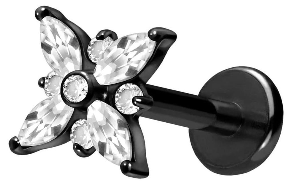 Ohrpiercing, Nasenpiercing Titan Labret mit Push Fit KRISTALLSTERN Schwarz Stablänge: 10mm | Stabstärke: 1,2mm