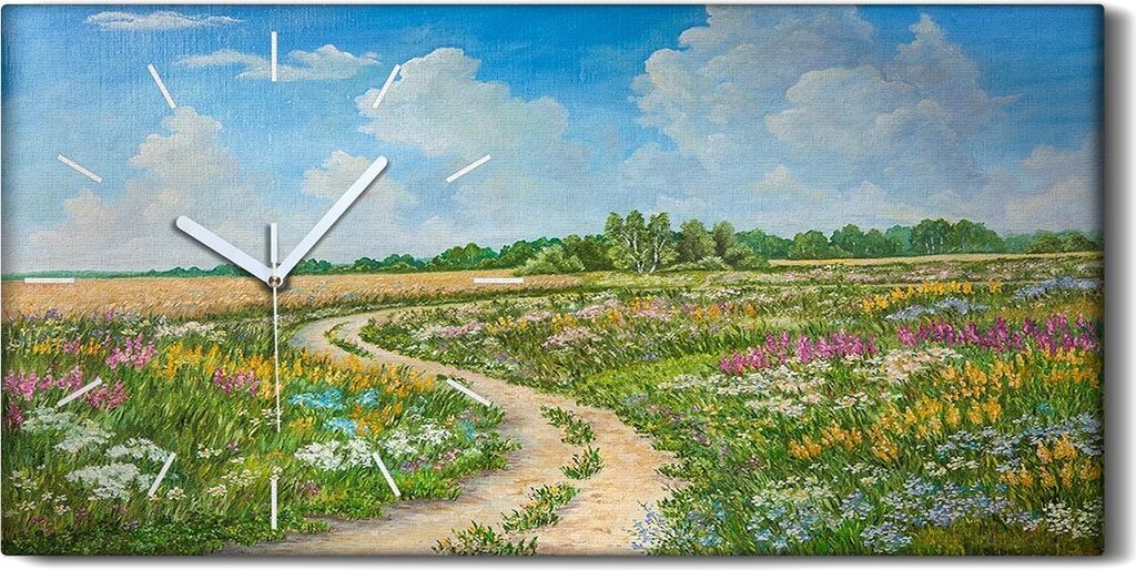Dekor Leinwand Uhr Wandbilder 60x30 Malerei Wiese Blumen Bäume Himmel Wolken - weiße Hände