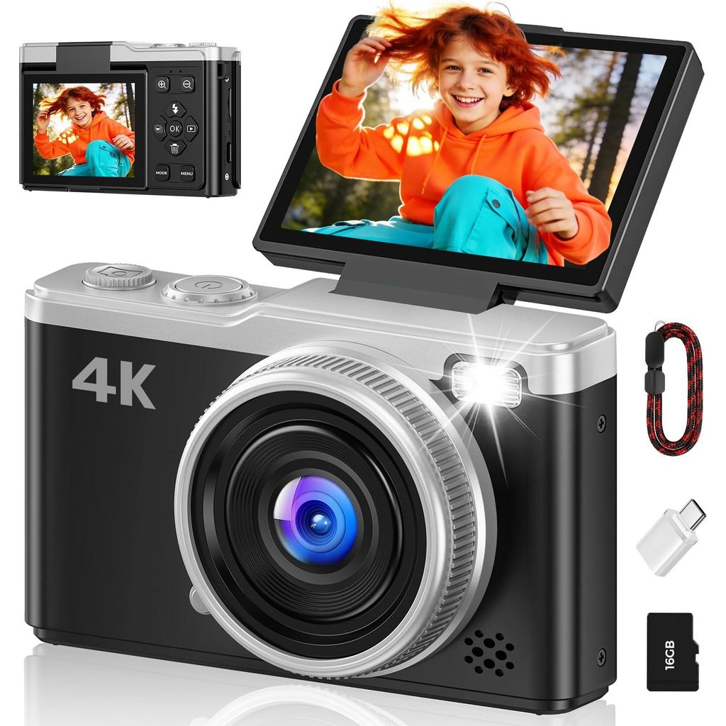 4K Digitalkamera 64MP mit Autofokus und 180° Klappbildschirm, 2,4 Zoll Vlogging Kompaktkamera mit 16GB Karte und 16X Zoom für Jugendliche und Anf...