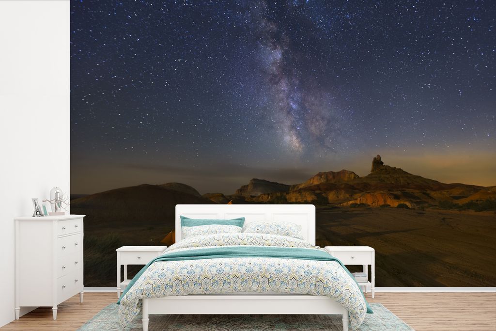 MuchoWow Fototapete für Wohnzimmer oder Schlafzimmer Wandtapete Vinyl Motivtapete Ein Zelt mit Licht in einer Berglandschaft - 525x350 cm - Das ...