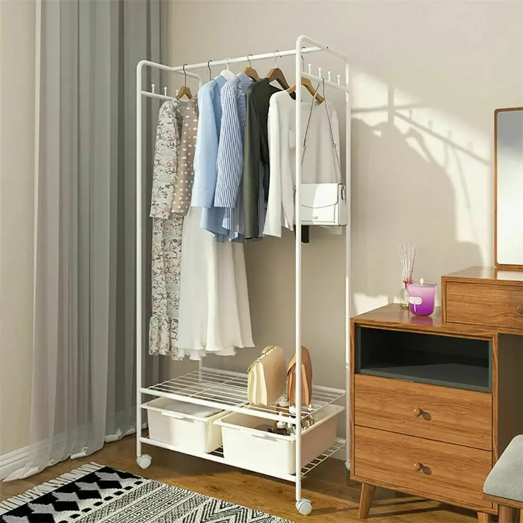 Stand Appendiabiti Professionale Metallo Bianco - 2 Livelli con Ruote
