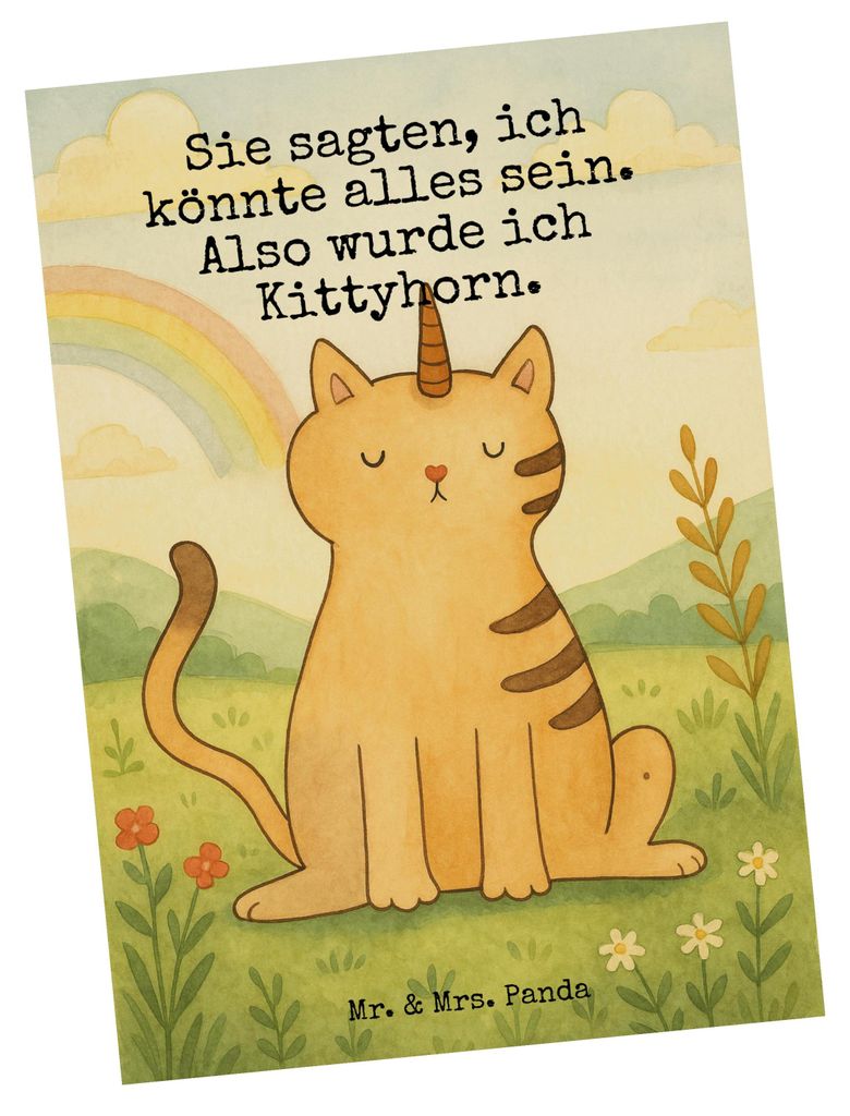 Mr. & Mrs. Panda Postkarte Einhorn Katze Design - Weiß - Geschenk, Ansichtskarten, Unicorn, bildkarte, Regenbogen, Mieze, Postkarten, Grußkarte, ...