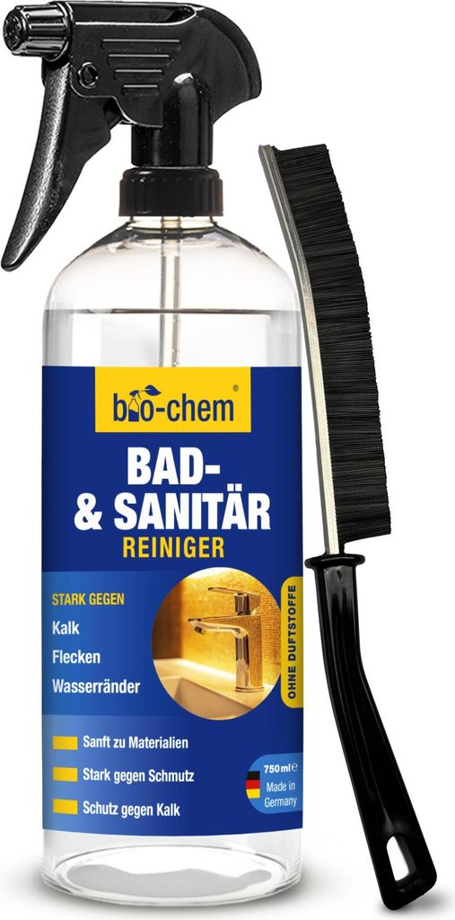 bio-chem Bad- & Sanitärreiniger mit Fugenbürste – 750 ml – Kalkentferner & Badreiniger Spray für Dusche, WC, Fliesen, Waschbecken – inkl. ...