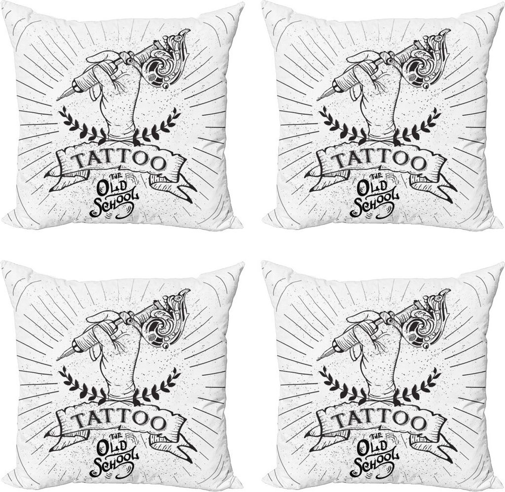 ABAKUHAUS Alte Schule Kissenbezug Set (4 Stück), Tattoo Hand des Künstlers, Moderner Doppelseitiger Digitaldruck, 50 cm x 50 cm, Charcoal Grau Weiß