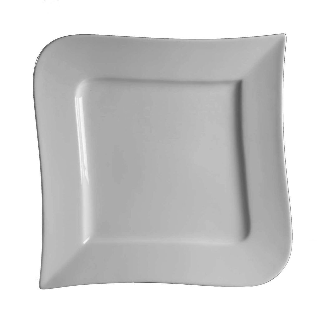 A white square plate with curved edges, shown from a top-down perspective against a white background.