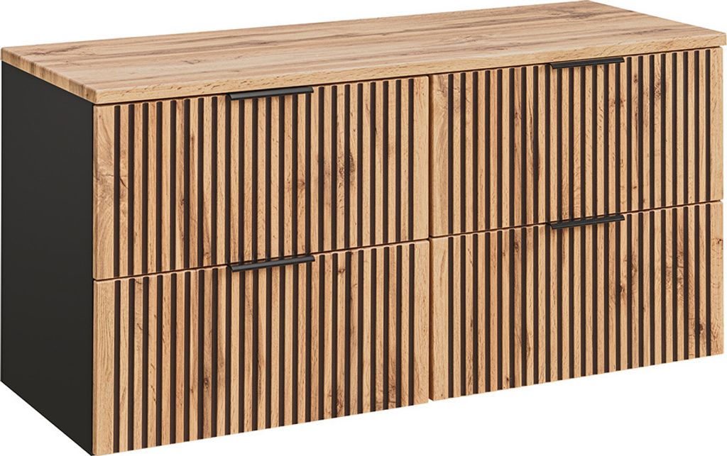 Waschbeckenunterschrank 120 cm für 2 Aufsatzwaschbecken XANTEN-56 in anthrazit mit Eiche Nb. schwarz gerillt, B/H/T: ca. 120,6/59,2/46,5 cm