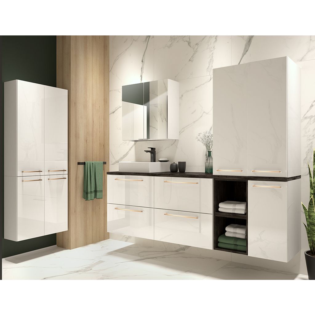 Badezimmer Set in weiß Hochglanz lackiert mit Metallgriffen in kupfer und Beton Dunkel MESSINA-107