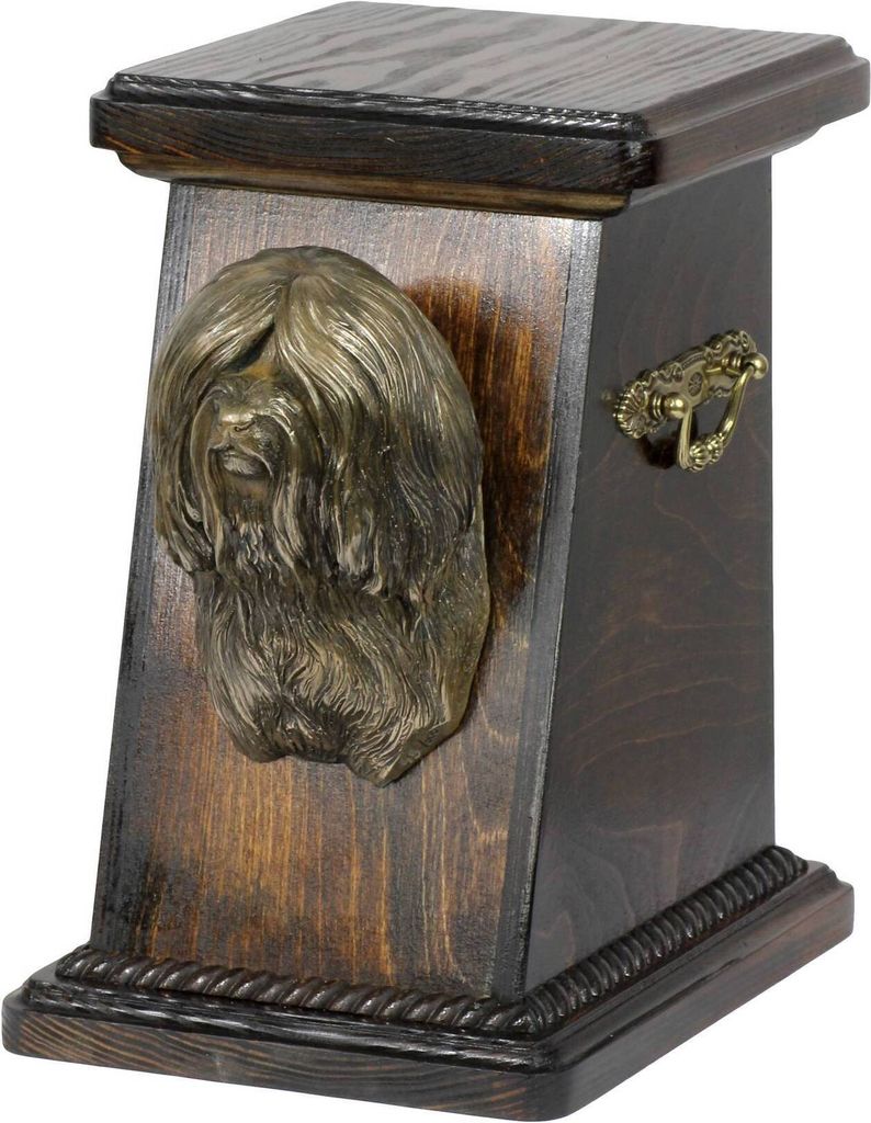 Tibet-Terrier, Tibetan Terrier, Tsang Apso eine Ascheurne für Hunde, eine elegante Urne mit einer Statue, eine Gedenkurne mit dem Porträt eines H...