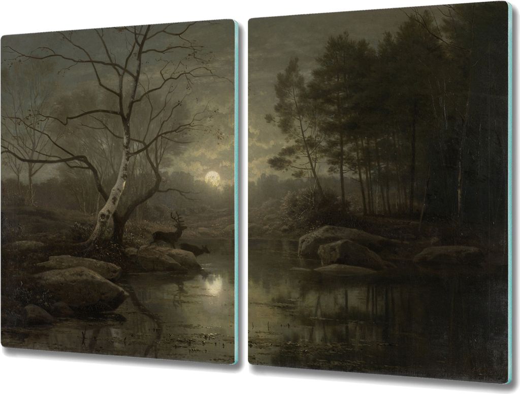 Coloray Hackbrett Kochplattenabdeckung Herdabdeckplatte 2x40x52 cm Schneidebrett Küchenbrett - Mond Bäume Natur Fluss
