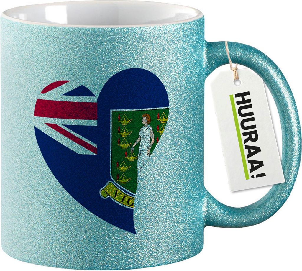 Huuraa Glitzertasse Britische Jungfrau Inseln Flagge Herz 330ml Blau Keramik Kaffeebecher Geschenkidee