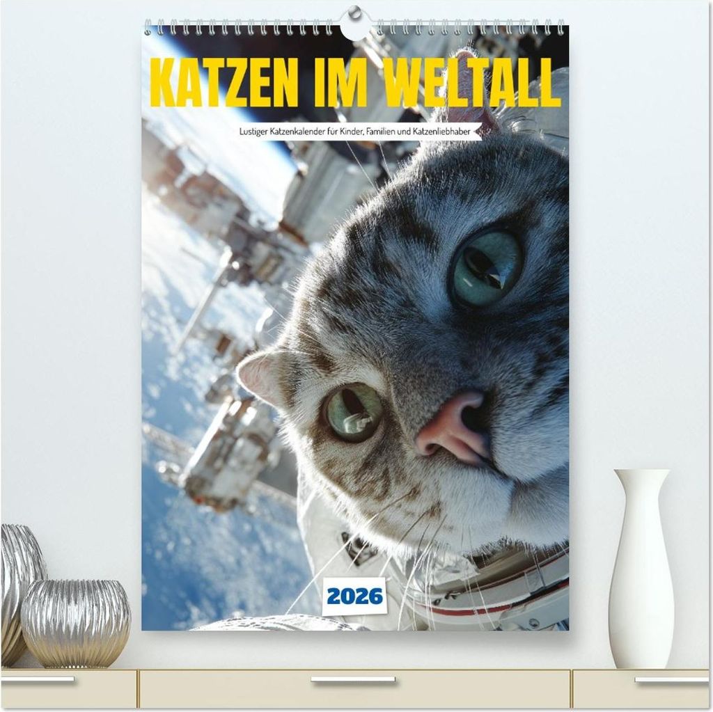 Katzen im Weltall - lustiger Katzenkalender für Kinder, Familien und Katzenliebhaber (hochwertiger Premium Wandkalender 2026 DIN A2 hoch), Kunstdr...